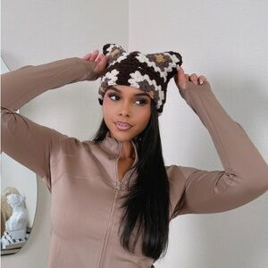 Brown and Cream Crochet Cat Ear Beanie